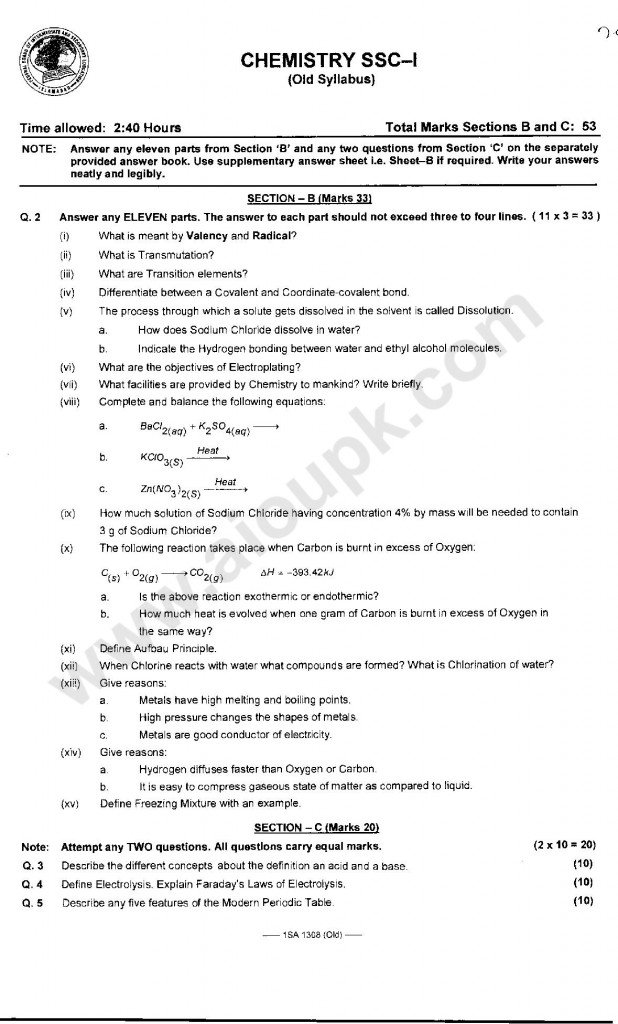 Chemistry Past Solved Model Papers of FBISE Class 9th 2014