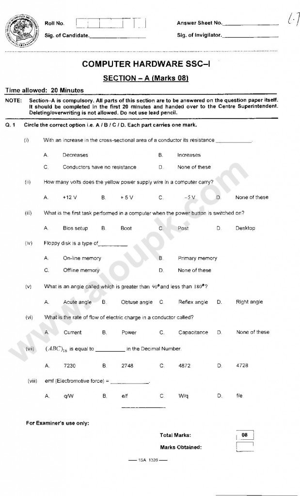 Computer Hardware Federal Board 9th Class SSC 1 Past Model Papers 2015