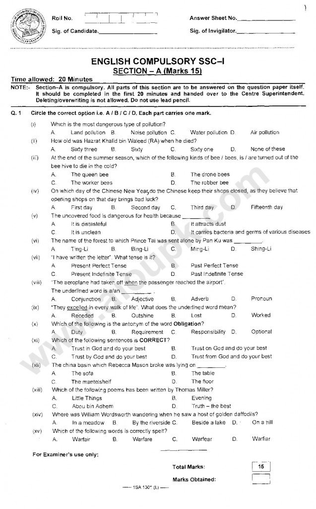 English Past Guess Papers of 9th Class SSC Part I Federal Board 2015